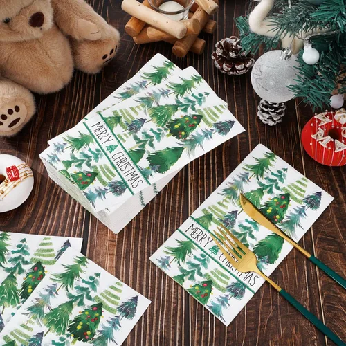Miniatura 3 de Servilletas de Navidad para invitados de Navidad, árbol de Navidad, servilletas de papel desechables de 3 capas de acuarela verde para cena