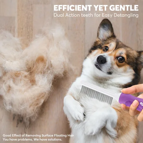 Miniatura 7 de Peine desenredante para mascotas para perros y gatos con dientes metálicos largos y cortos de acero inoxidable para eliminar enredos y nudos.