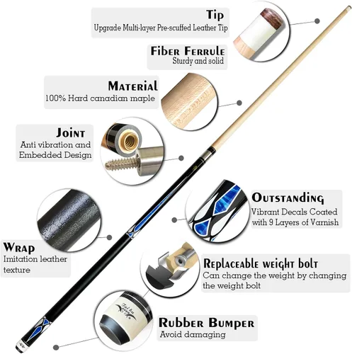 Miniatura 3 de Tai ba cues Taco de billar profesional de 2 piezas + estuche rígido, punta de 0.512 in, 58 pulgadas, palo de billar profesional de madera dura