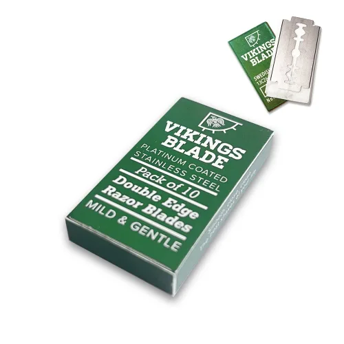 VIKINGS BLADE Hojas de afeitar de doble filo, 10 hojas, acero sueco + recubierto de platino, hojas de afeitar de repuesto y recargas (suave y
