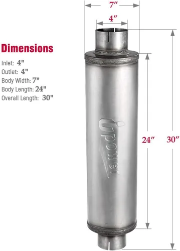 Miniatura 4 de Upower Silenciador de Escape Diésel con Entrada de 4", Cuerpo de 7" x 24", Longitud Total de 30" XS2772 - Silenciador Resonador de Acero Inoxidable