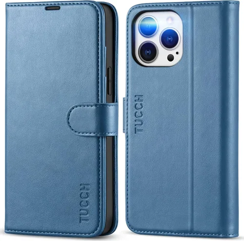 TUCCH Funda tipo cartera para iPhone 13 Pro Max, con bloqueo RFID, ranura para tarjetas y soporte [funda interior de TPU a prueba de impactos], Azul