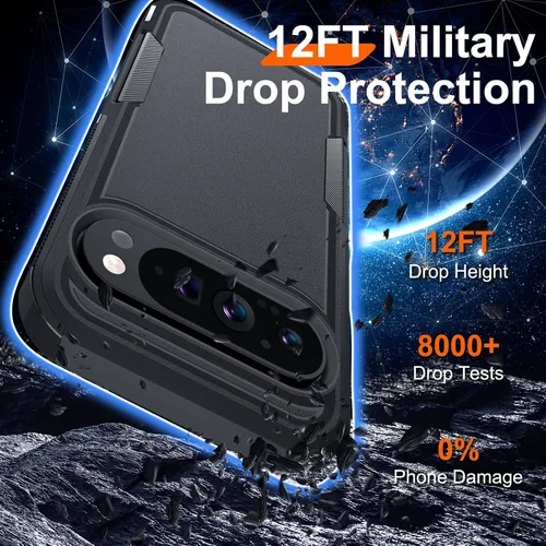 Miniatura 3 de Janmitta Funda para Google Pixel 9 Pro XL con protector de pantalla + protector de lente de cámara + correa de muñeca, resistente a prueba de NEGRO