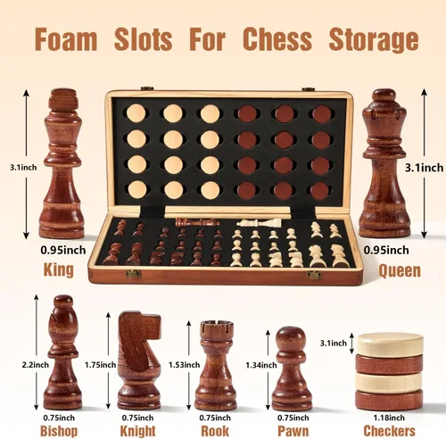 Miniatura 5 de MerryPony Juego de ajedrez y damas de madera magnético 2 en 1, juego de ajedrez plegable de 15 pulgadas para adultos y niños, tablero de ajedrez
