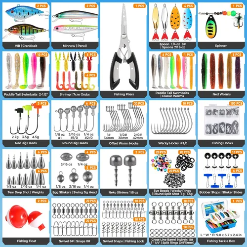 Miniatura 6 de PLUSINNO Caja de aparejos de pesca con aparejos incluidos, kit de señuelos de pesca de 373 piezas con bandeja extraíble, equipo de pesca