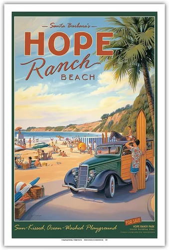 Santa Barbara’s Hope Ranch Beach - Sun-Kissed Ocean-Washed Playground - Vintage Travel Poster by Kerne Erickson - Master Art Print (Unframed) 6in x