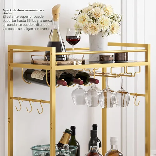 Miniatura 7 de TUTOTAK Carrito de bar, carrito de servicio para el hogar, carrito de bebidas, estante de cocina móvil con estante para vino y soporte para vidrio