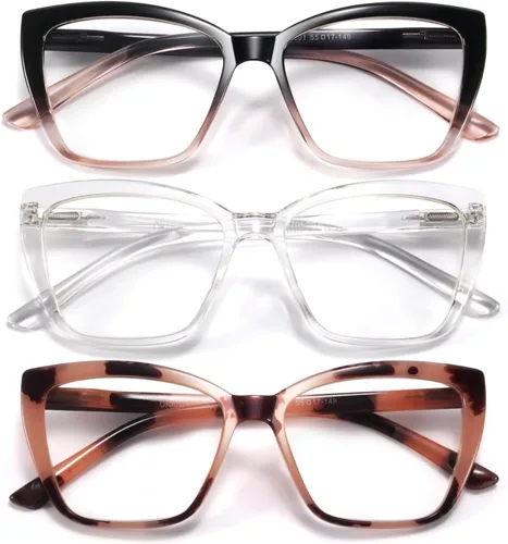 Miniatura 6 de Gafas de lectura para mujer, paquete de 3 lentes de lectura a la moda de gran tamaño para mujer, lentes de ojo de gato con bisagra de resorte A1