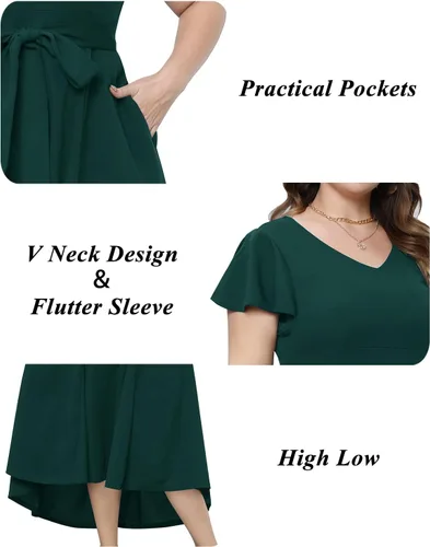 Miniatura 4 de Vestido largo semiformal para mujer, con mangas altas y bajas, con vuelo, para invitadas de boda, con bolsillos