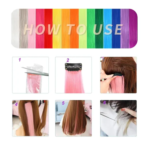 Miniatura 5 de 13 extensiones de cabello sintético con clip de colores de 20 pulgadas, multicolores, lacio, con clip, para mujer, para regalo, extensiones