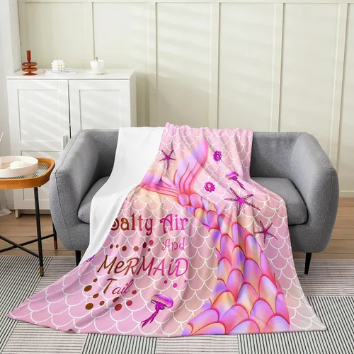 Miniatura 12 de Erosebridal Manta de cola de sirena para niños, manta de vellón de sirena de 40 x 50 pulgadas para niñas, manta de franela de escamas de peces