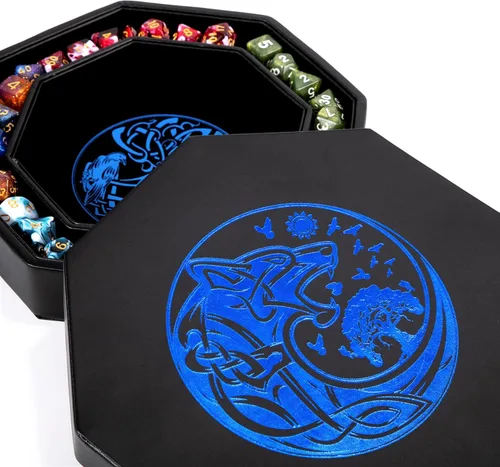 Bandeja de dados DND - Bandeja Premium de 22.86 cm para Dungeons and Dragons: Exquisito diseño de Árbol del Mundo azul oscuro y Cuervo Lobo - Lobo