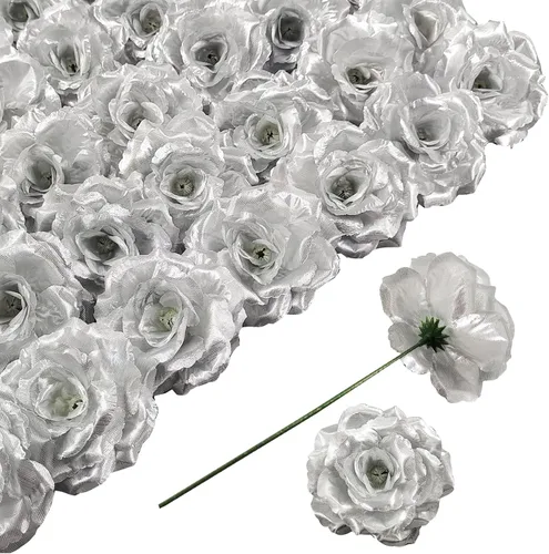 Flores artificiales de rosas, 50 unidades de rosas plateadas a granel con tallo, cabeza de flor falsa de rosa de seda de 3 pulgadas para bodas, Plata