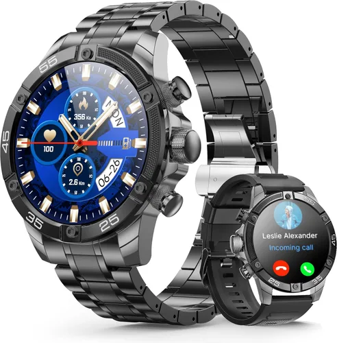 Reloj inteligente para hombre, redondo, HD, 1.53 pulgadas, color azul dorado, relojes inteligentes para hombres, múltiples modos deportivos, llamada