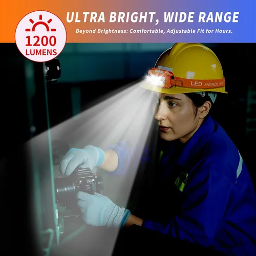 Miniatura 3 de Linterna frontal LED recargable, 800 lúmenes con luz roja y blanca, 8 modos, sensor de movimiento, carga USB-C, IPX4 impermeable (1, naranja)