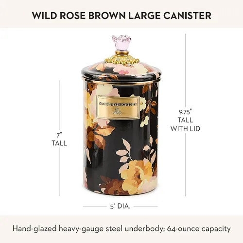 Miniatura 4 de MACKENZIE-CHILDS Bote de Esmalte, Contenedor de Almacenamiento de Cocina con Tapa, Grande, Wild Rose Brown