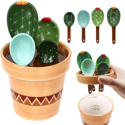 Miniatura 8 de Juego de 5 cucharas medidoras/cucharas de cerámica y taza base medidora/para ingredientes secos y líquidos, bonita forma de cactus