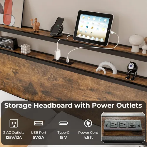 Miniatura 3 de Giantex Base de cama Queen con cabecero de luces LED y 4 cajones de almacenamiento, plataforma de metal con enchufes y puertos USB, estación