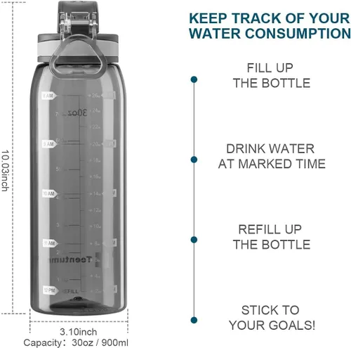 Miniatura 2 de Botella de agua deportiva de 30 onzas con marcadores de tiempo, botella grande y duradera de plástico para gimnasio, Tritan sin BPA, transparente
