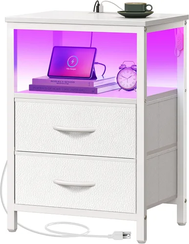 Miniatura 18 de Huuger - Mesita de noche con estación de carga y luces LED, mesita de noche con 2 cajones, mesa auxiliar de cama con estante abierto, mesa auxiliar