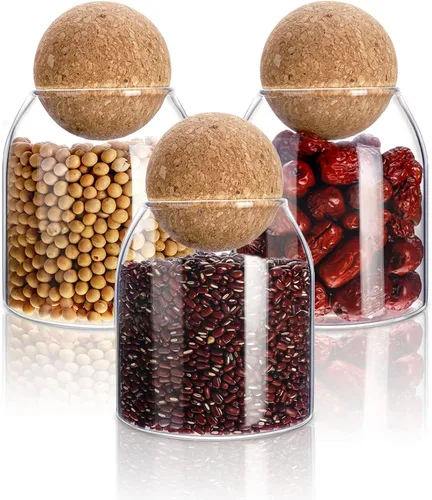 3 piezas de tarro de vidrio con tapa de corcho esférica decorativa, botella redonda, recipiente sellado, organizador de almacenamiento con sello