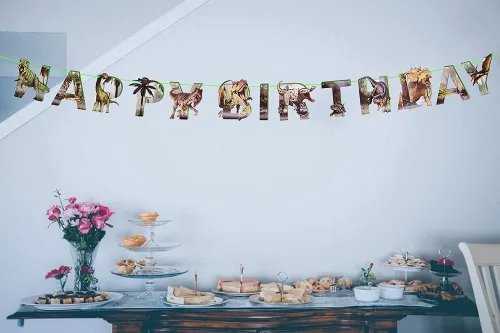 Miniatura 5 de Cartel de feliz cumpleaños de dinosaurio para niños, decoración de fiesta de cumpleaños con temática de dinosaurios, guirnalda de dinasores
