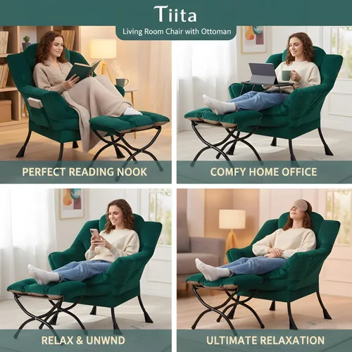 Miniatura 7 de Tiita - Silla perezosa con otomana, moderna y grande, sillón de descanso de acento de ocio, cómoda silla de sofá de lectura con reposapiés para Verde