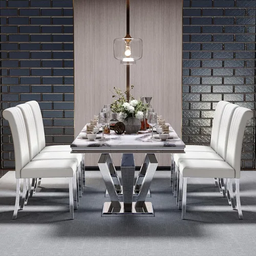 Miniatura 6 de ACEDÉCOR Mesa de comedor, mesa de comedor rectangular moderna de 78 pulgadas para 6-8 personas, parte superior de textura gris y base geométrica