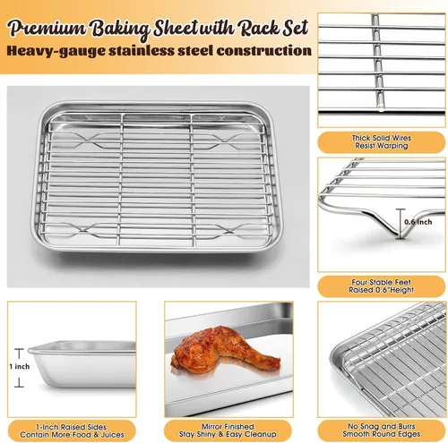 Miniatura 3 de E-far Bandeja pequeña de metal para horno tostador con juego de estante, bandeja para hornear de 9.4 x 7.3 pulgadas con rejilla de enfriamiento