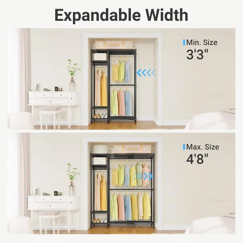 Miniatura 2 de VIPEK X20 - Perchero de metal expandible ajustable de 3 pies 3 pulgadas a 4 pies 8 pulgadas, percheros resistentes con estantes ajustables y barras