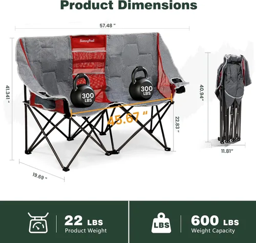 Miniatura 3 de SUNNYFEEL Silla de Camping Doblada Doble, Silla Loveseat Sobredimensionada, Silla de Césped Portátil/Plegable Resistente con Almacenamiento