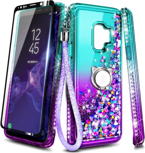 Miniatura 7 de NGB - Funda para teléfono Samsung Galaxy S9, color aguamarina/morado, bonita funda con purpurina líquida para mujeres y niñas, con protector