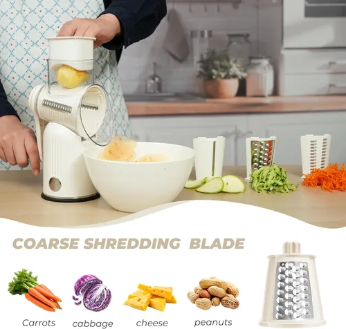 Miniatura 4 de Rallador giratorio de queso, manivela de mano con cuchillas intercambiables 5 en 1 y base de succión fuerte, trituradora de verduras, rebanadora