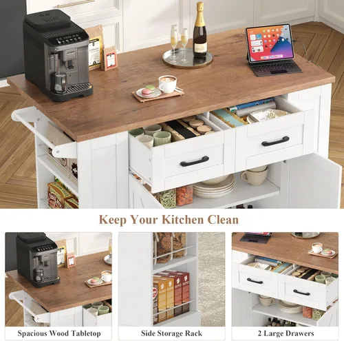 Miniatura 4 de Keyluv Isla de almacenamiento de cocina con 2 taburetes, carrito de cocina móvil de 51.2 pulgadas con hoja de caída y toma de corriente, mesa