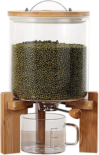 Recipiente de harina y cereales, dispensador de arroz de 5 L, recipiente de almacenamiento de alimentos de vidrio con tapa hermética y soporte de