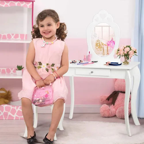 Miniatura 3 de Costzon Juego de tocador para niñas, set de tocador con espejo y taburete, cajón de almacenamiento, escritorio de maquillaje para niñas pequeñas