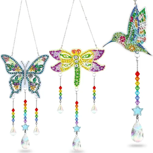Miniatura 9 de Jetec Juego de 3 piezas de arte de diamantes para pintura, atrapasoles, campanillas de viento, arte de puntos de doble cara, adornos colgantes