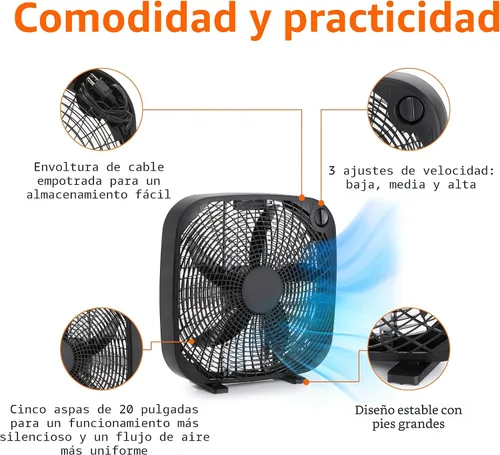 Miniatura 2 de Amazon Basics Ventilador de caja de 3 velocidades para dormitorio, portátil con asa de transporte, potente flujo de aire, 5 cuchillas, diseño