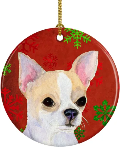 Miniatura 70 de Caroline's Treasures Bulldog English - Copos de nieve rojos y verdes, adorno de cerámica de Navidad, decoración colgante para el hogar, Navidad