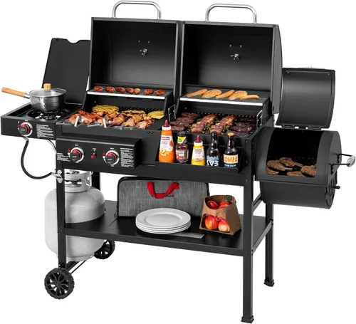 Parrilla de gas y carbón combinada de 2 quemadores con ahumador lateral y quemador lateral, parrilla de combustible dual de 34.000 BTU, área de