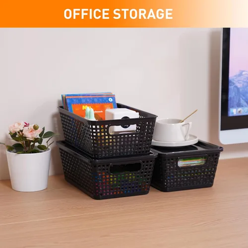 Miniatura 4 de Cestas de almacenamiento de plástico con tapa, contenedores de almacenamiento para organizar, contenedores decorativos apilables para estantes, Negro