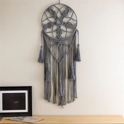 Miniatura 8 de Tapiz de atrapasueños, bohemio, macramé, tejido de algodón, hecho a mano, arte bohemio con borlas, adorno para dormitorio, sala de estar, Marrón