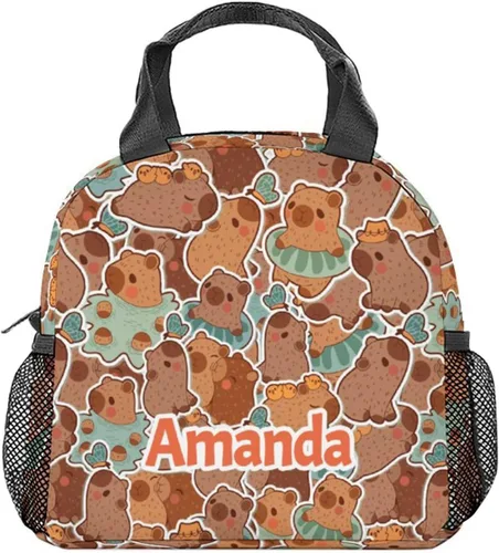 Miniatura 12 de Lonchera para niñas y niños, reutilizable, plegable, aislada, con asa, pequeña, azul, con estampado de animales, ideal para la escuela, picnic