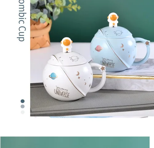 Miniatura 5 de HwaGui Taza de astronauta Kawaii con tapa y cuchara, hecha a mano, bonita taza de cerámica para café, té, leche, agua, espacial, regalo novedoso