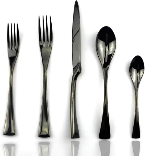JASHII Juego de cubiertos de acero inoxidable 18/10 de 20 piezas, color negro pulido con espejo, cuchillo de cena, tenedor de ensalada, cuchara de