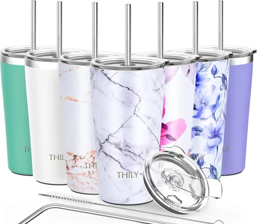 Miniatura 11 de THILY - Taza de viaje con aislamiento al vacío de acero inoxidable de 26 onzas, taza de café con 2 tapas y pajitas, a prueba de salpicaduras