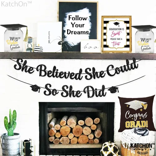 Miniatura 8 de KatchOn, Cartel de She Believed She Could So She Did, con purpurina, 10 pies, sin bricolaje, pancarta negra para decoraciones de graduación 2026