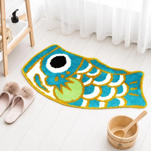 Miniatura 9 de Bonita alfombra de baño de peces para baño, suave, absorbente de agua, azul, para bañera, estilo japonés, almohadilla Koi para ducha