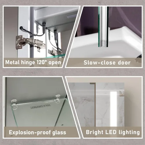 Miniatura 6 de Botiquín de baño con espejo de tocador LED, montaje en superficie de luz ajustable de 3 colores, gabinete de baño con luz antiniebla