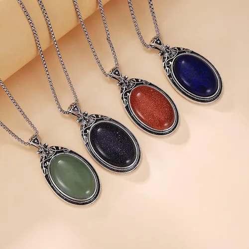 Miniatura 5 de VIJASHOP Collar ovalado de piedras preciosas de acero inoxidable, colgante vintage, piedras semipreciosas, regalo de joyería para mujeres y niñas